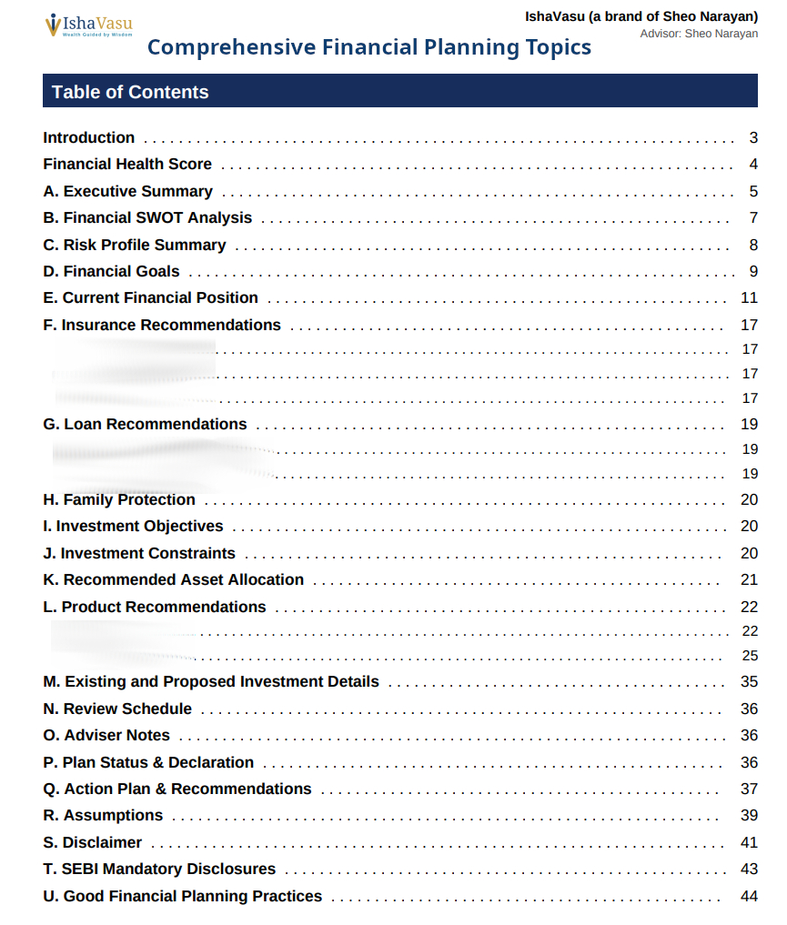 Sample page from a Comprehensive Financial Plan report